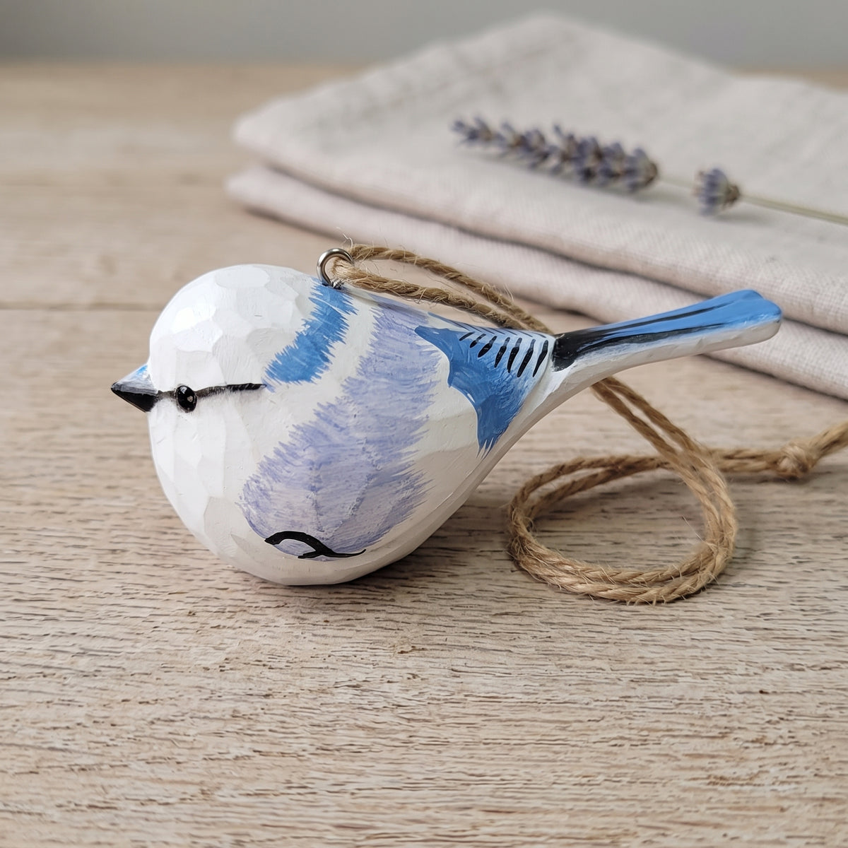 Azure Tit Wooden Hanging Ornament | Hand-Carved Basswood