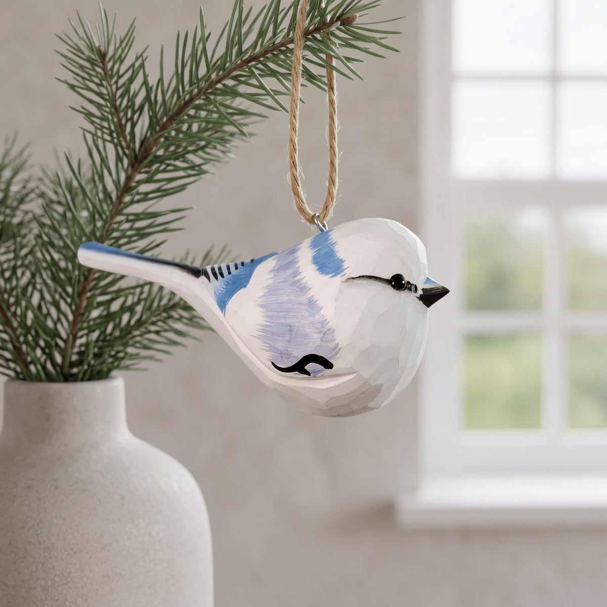 Azure Tit Wooden Hanging Ornament | Hand-Carved Basswood