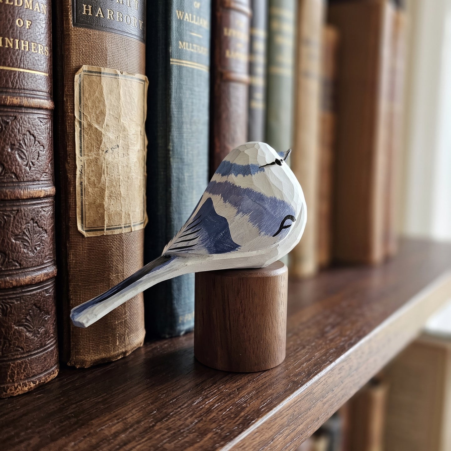 Hand Carved & Hand Painted Azure Tit Bird Figurine | Basswood with Black Walnut Base