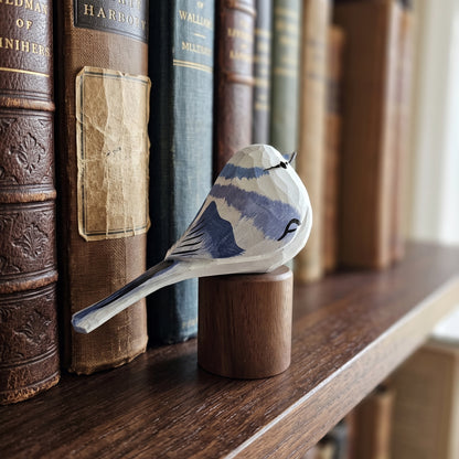 Hand Carved & Hand Painted Azure Tit Bird Figurine | Basswood with Black Walnut Base