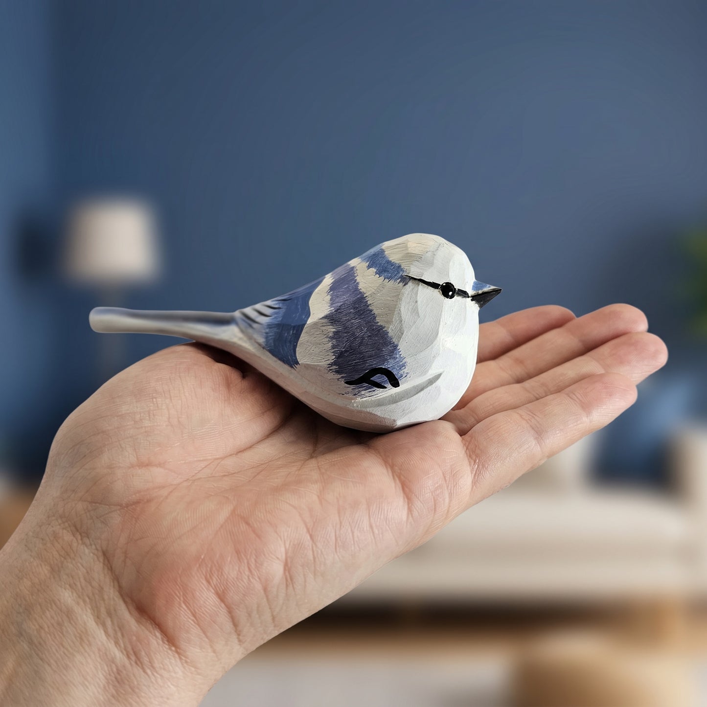 Hand Carved & Hand Painted Azure Tit Bird Figurine | Basswood with Black Walnut Base