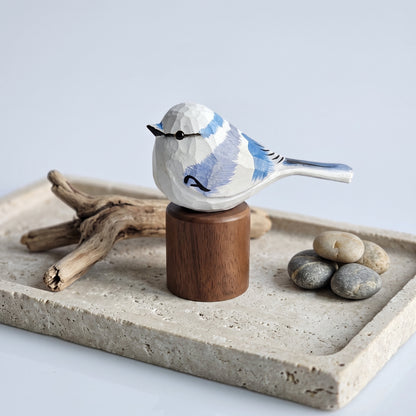 Hand Carved & Hand Painted Azure Tit Bird Figurine | Basswood with Black Walnut Base