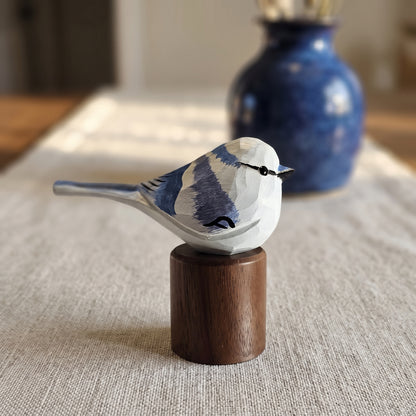 Hand Carved & Hand Painted Azure Tit Bird Figurine | Basswood with Black Walnut Base