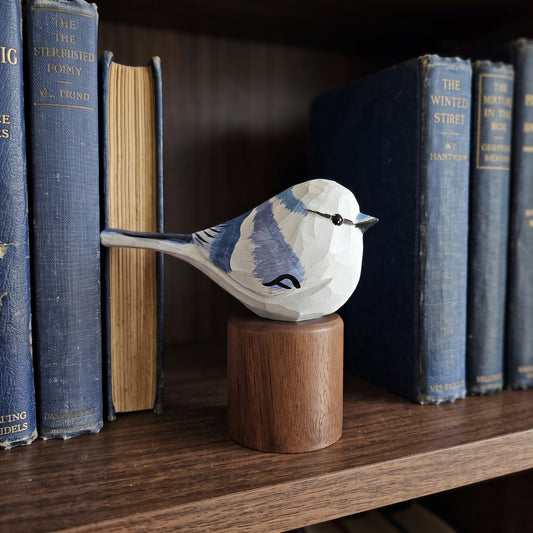 Hand Carved & Hand Painted Azure Tit Bird Figurine | Basswood with Black Walnut Base