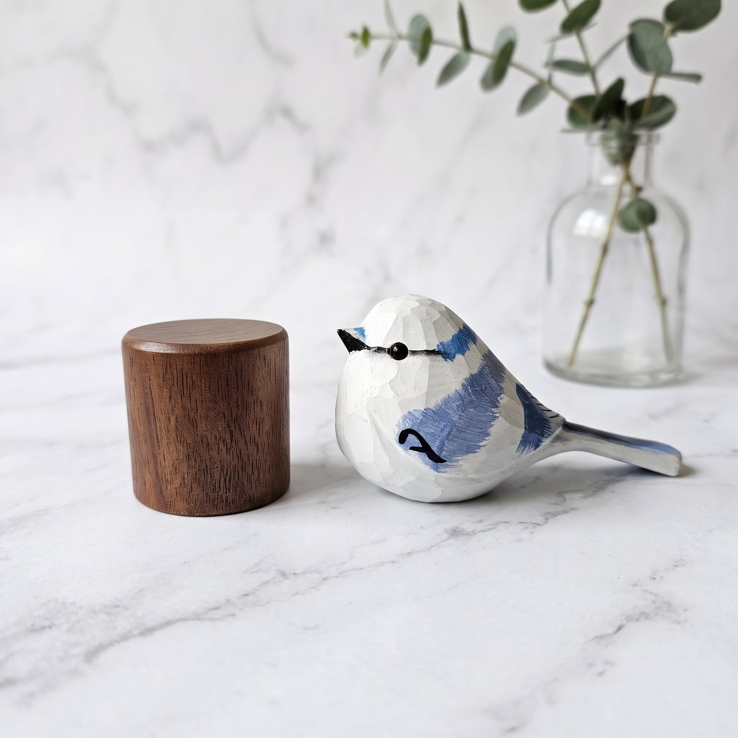 Hand Carved & Hand Painted Azure Tit Bird Figurine | Basswood with Black Walnut Base