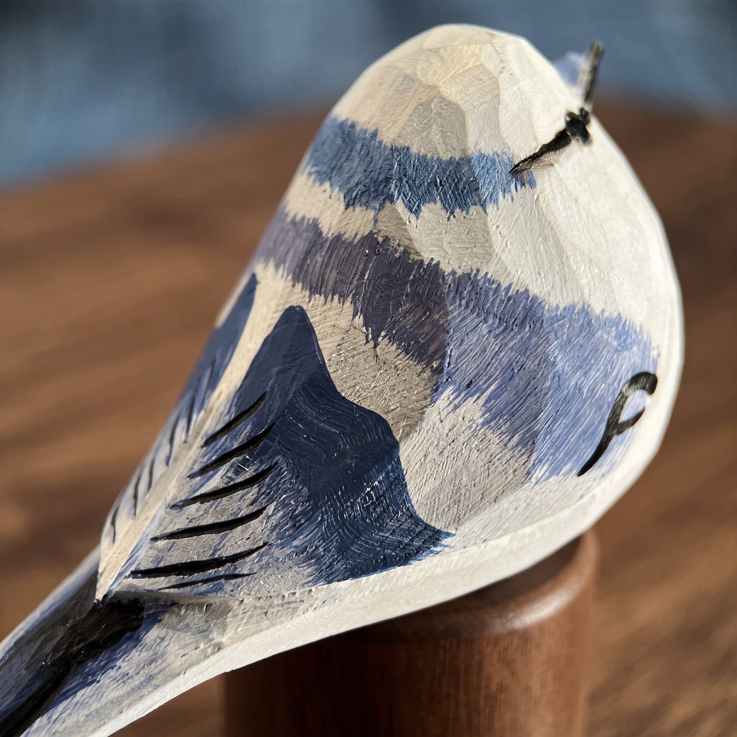Hand Carved & Hand Painted Azure Tit Bird Figurine | Basswood with Black Walnut Base