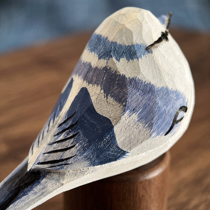 Hand Carved & Hand Painted Azure Tit Bird Figurine | Basswood with Black Walnut Base