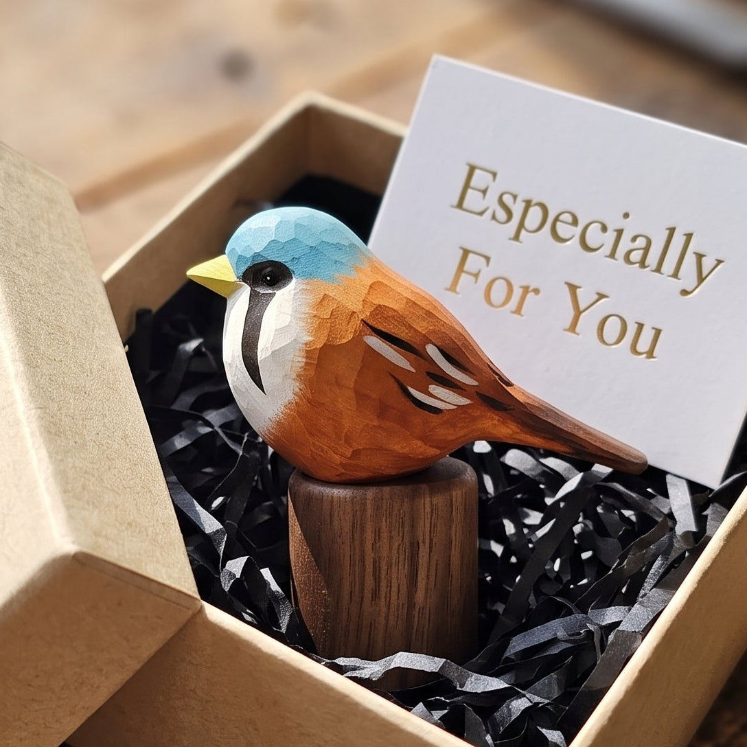 A small painted Bearded reedling figurine on a wooden stand presented inside an open kraft gift box with black shredded paper filler and a card that reads 'Especially For You.' The box sits on a rustic wooden table.