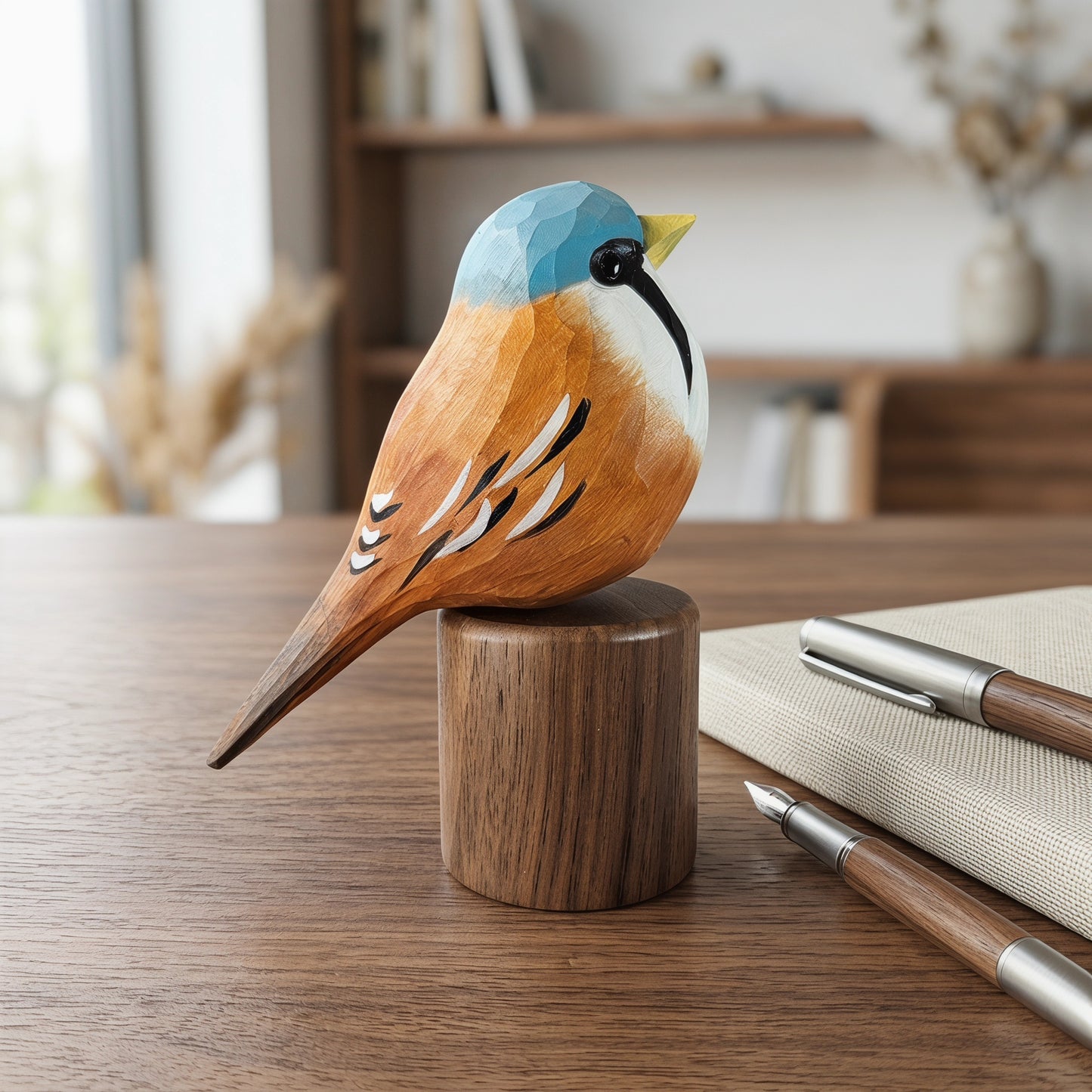 A carved wooden Bearded reedling figurine with a blue, white, and orange finish perched on a cylindrical wooden base, displayed on a wooden desk with notebooks and pens in a softly blurred indoor setting.