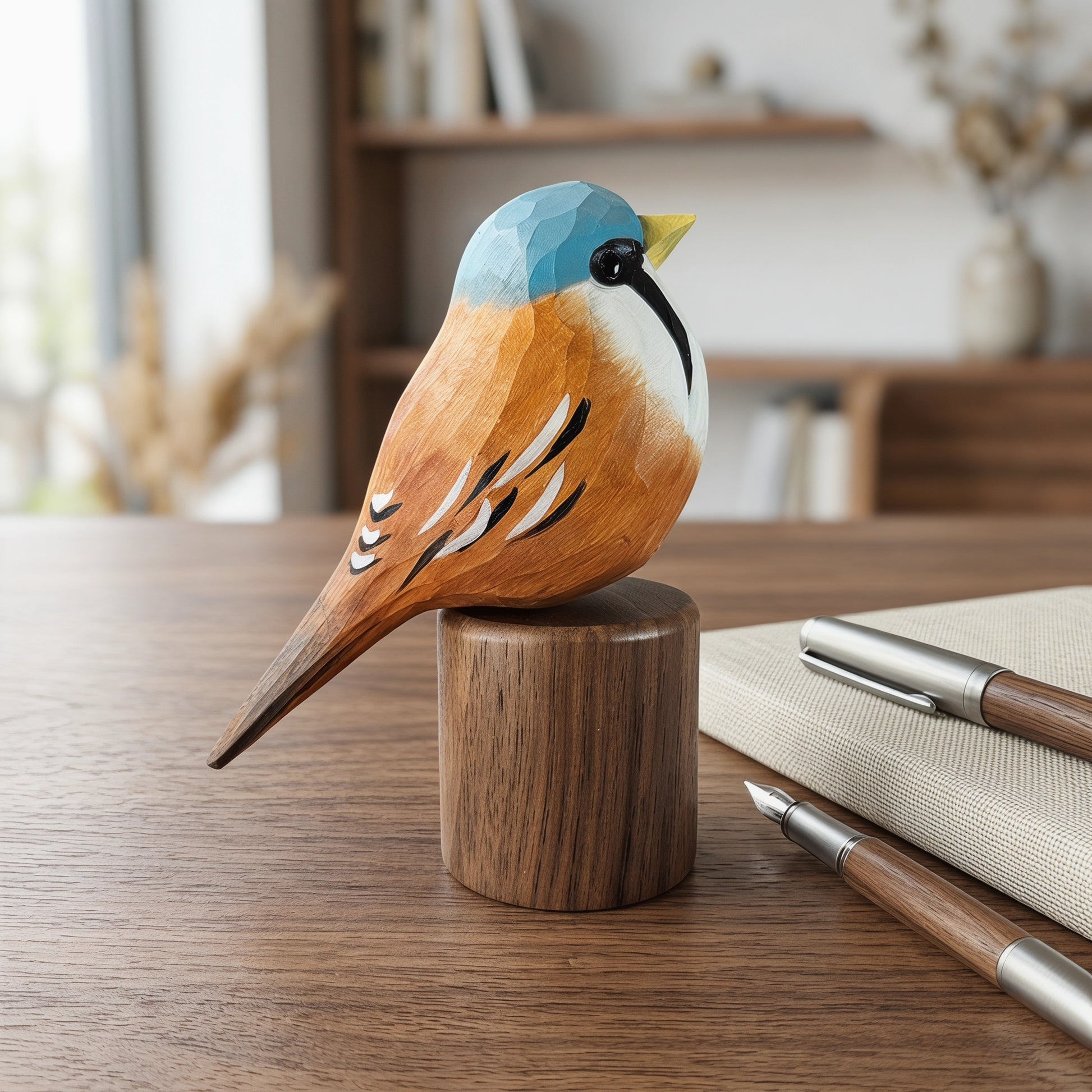 A carved wooden Bearded reedling figurine with a blue, white, and orange finish perched on a cylindrical wooden base, displayed on a wooden desk with notebooks and pens in a softly blurred indoor setting.