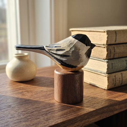 Hand Carved & Hand Painted Chickadee Figurine | Basswood with Black Walnut Base | 3 Species