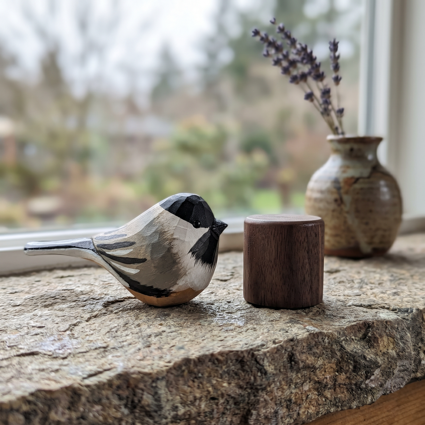 Hand Carved & Hand Painted Chickadee Figurine | Basswood with Black Walnut Base | 3 Species