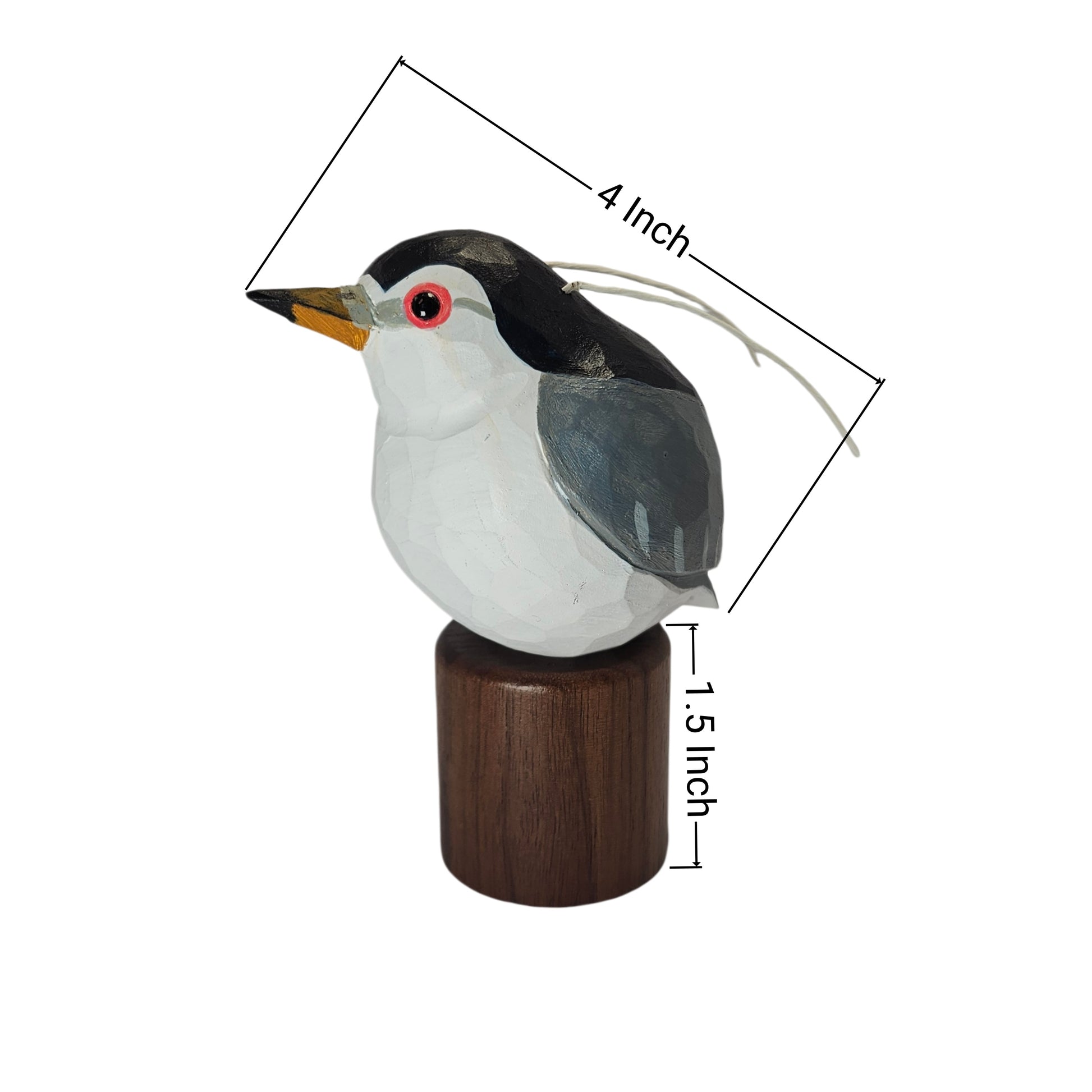 A small painted Black-crowned Night Heron figurine mounted on a cylindrical wooden base, shown on a white background with measurement lines indicating a height of 4 inches and a base width of 1.5 inches.