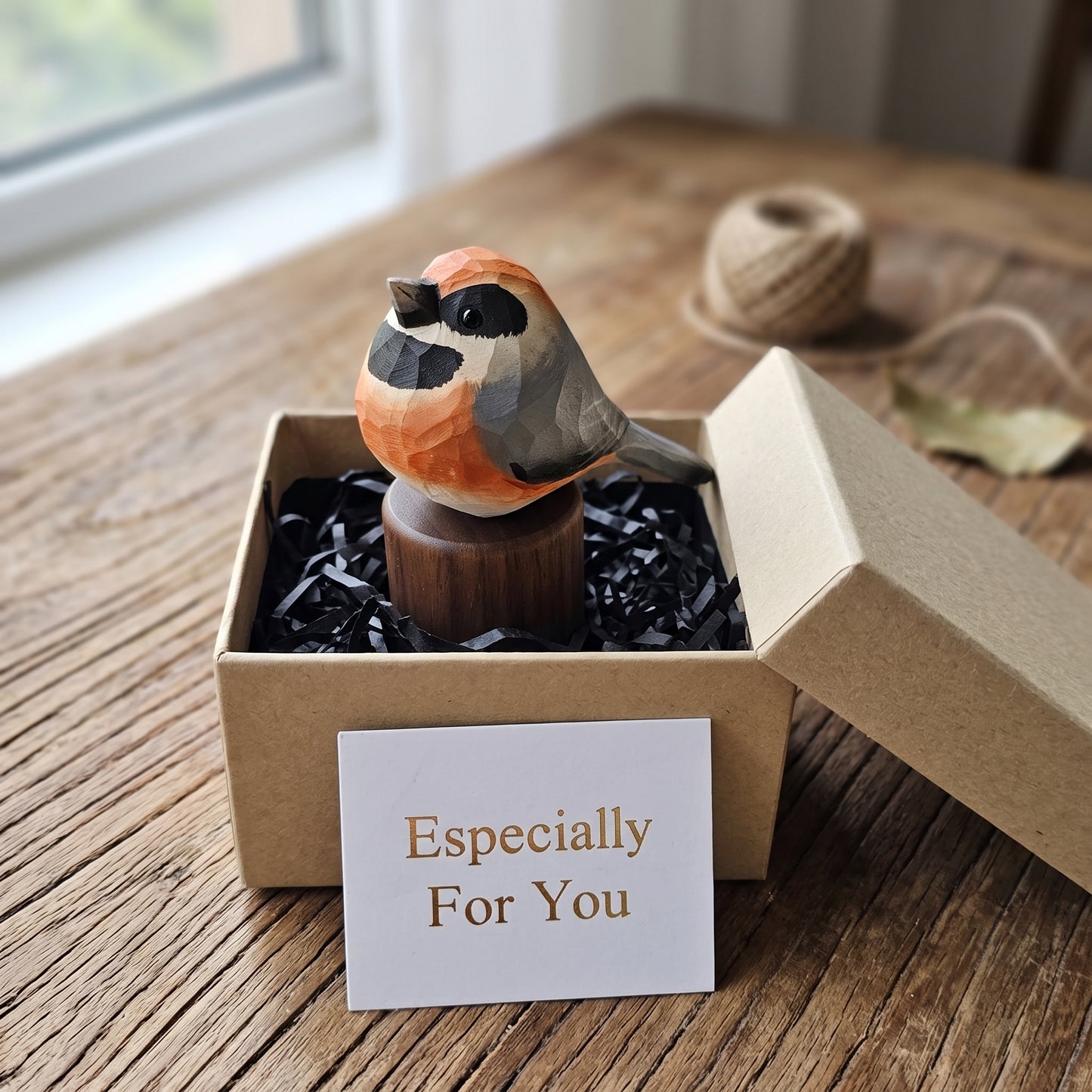 Hand Carved & Hand Painted Black-throated Bushtit Figurine | Basswood with Black Walnut Base