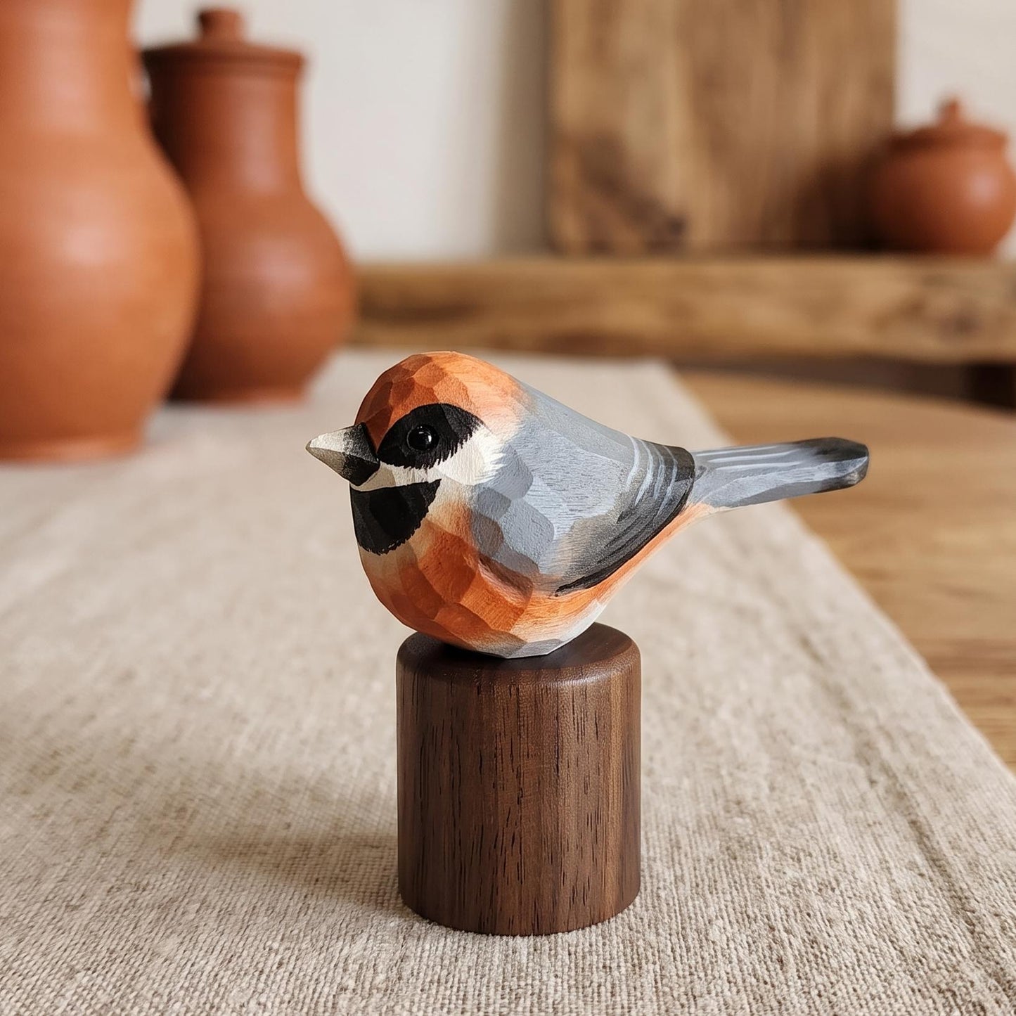 Hand Carved & Hand Painted Black-throated Bushtit Figurine | Basswood with Black Walnut Base