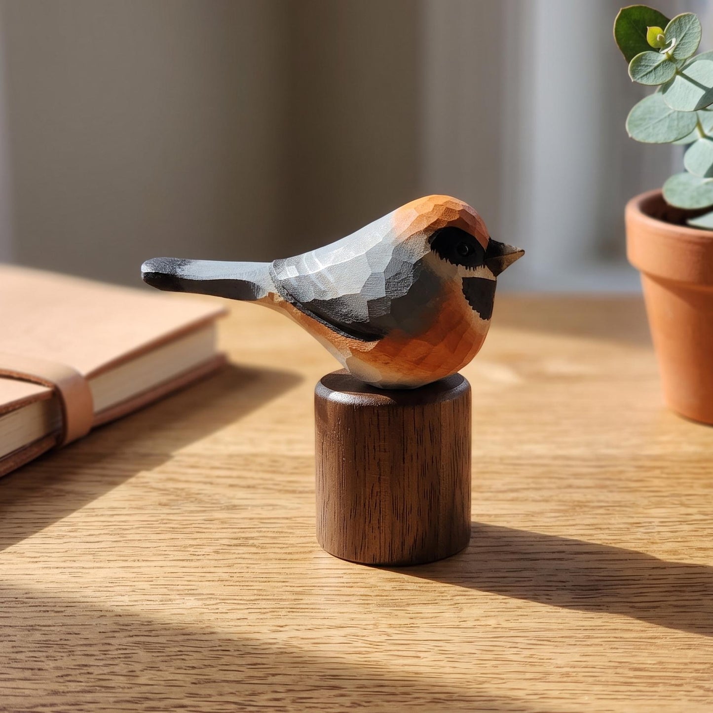 Hand Carved & Hand Painted Black-throated Bushtit Figurine | Basswood with Black Walnut Base