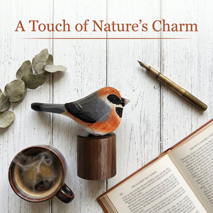Hand Carved & Hand Painted Black-throated Bushtit Figurine | Basswood with Black Walnut Base