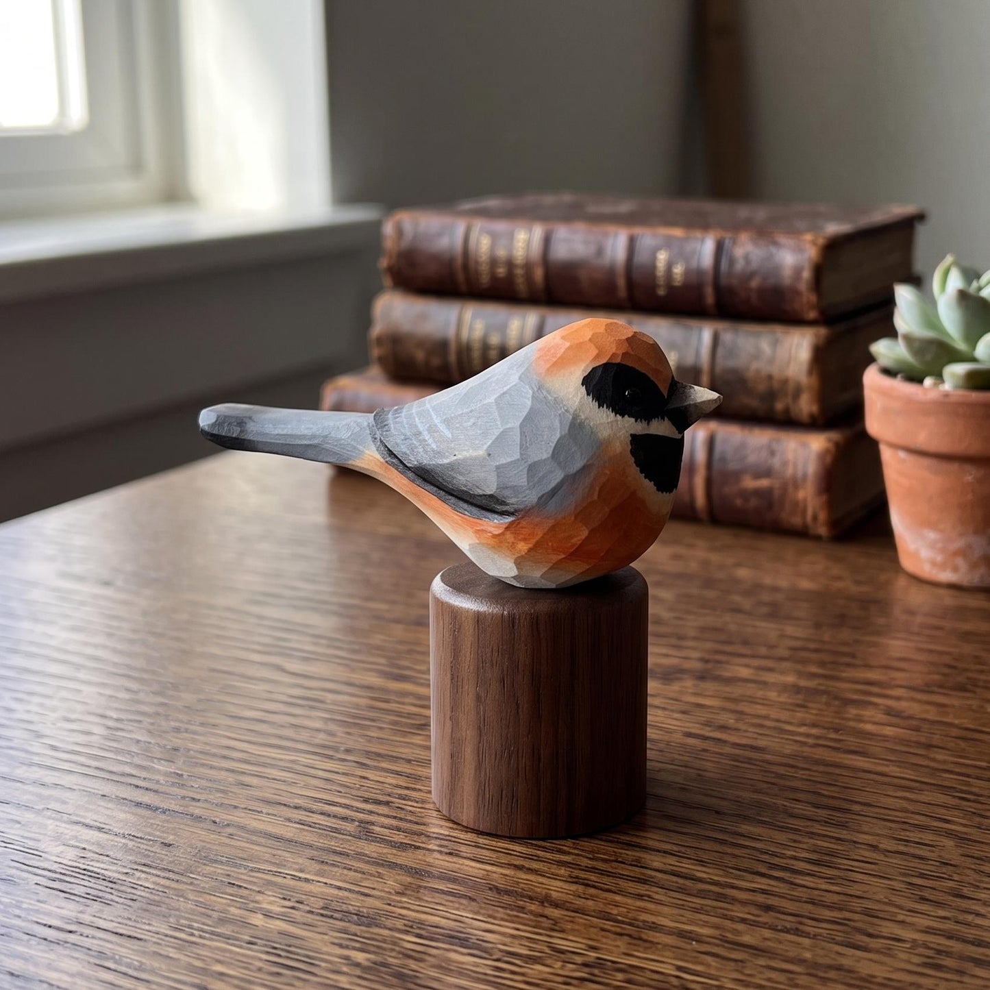 Hand Carved & Hand Painted Black-throated Bushtit Figurine | Basswood with Black Walnut Base