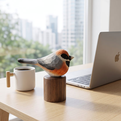 Hand Carved & Hand Painted Black-throated Bushtit Figurine | Basswood with Black Walnut Base