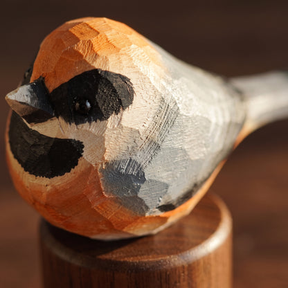 Hand Carved & Hand Painted Black-throated Bushtit Figurine | Basswood with Black Walnut Base