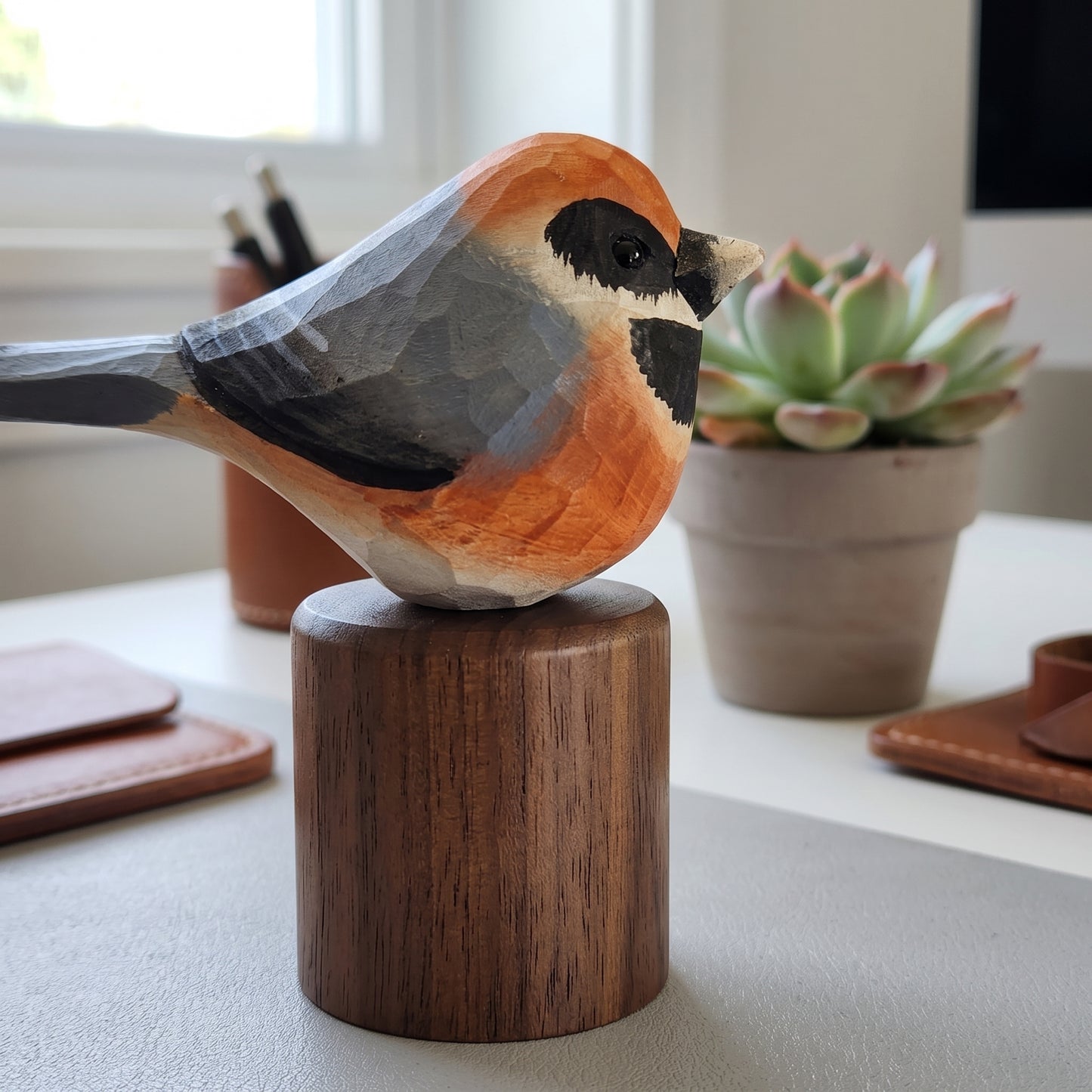 Hand Carved & Hand Painted Black-throated Bushtit Figurine | Basswood with Black Walnut Base