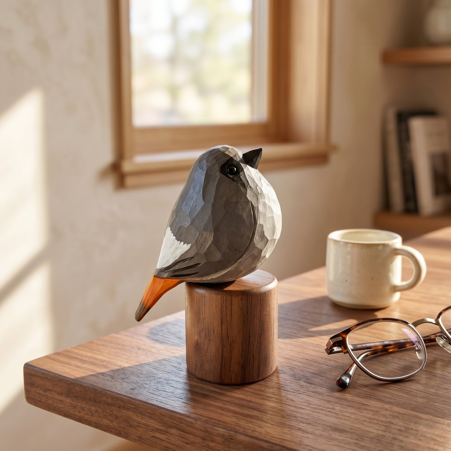A geometric Black redstart sculpture made of faceted polygonal pieces sits on a wooden cylindrical base on a wooden table in a sunlit room. A cream ceramic mug and tortoiseshell eyeglasses are nearby, with a blurred window and shelf in the background.