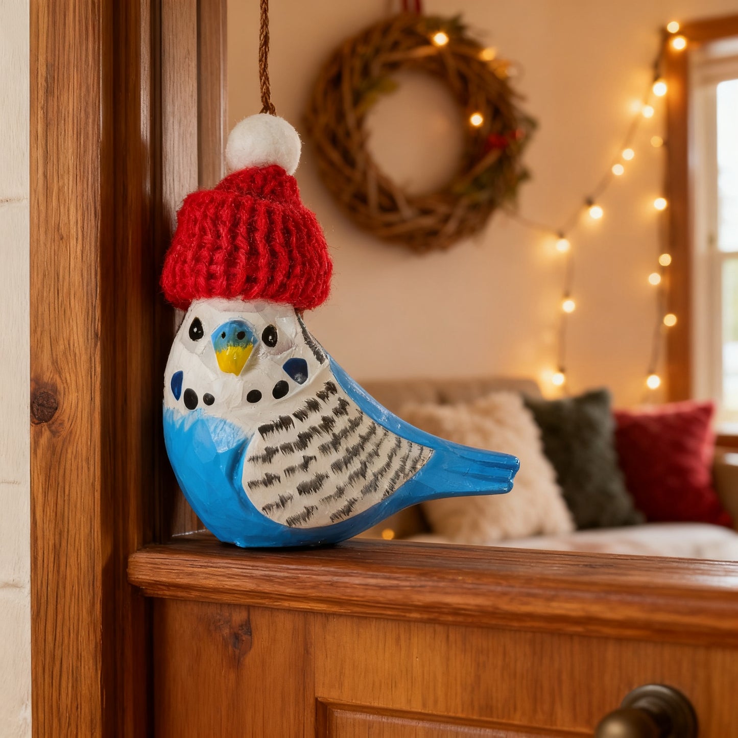 Budgerigar Christmas Ornament - Hand‑Carved Wood with Knit Hat, Gift Box Included