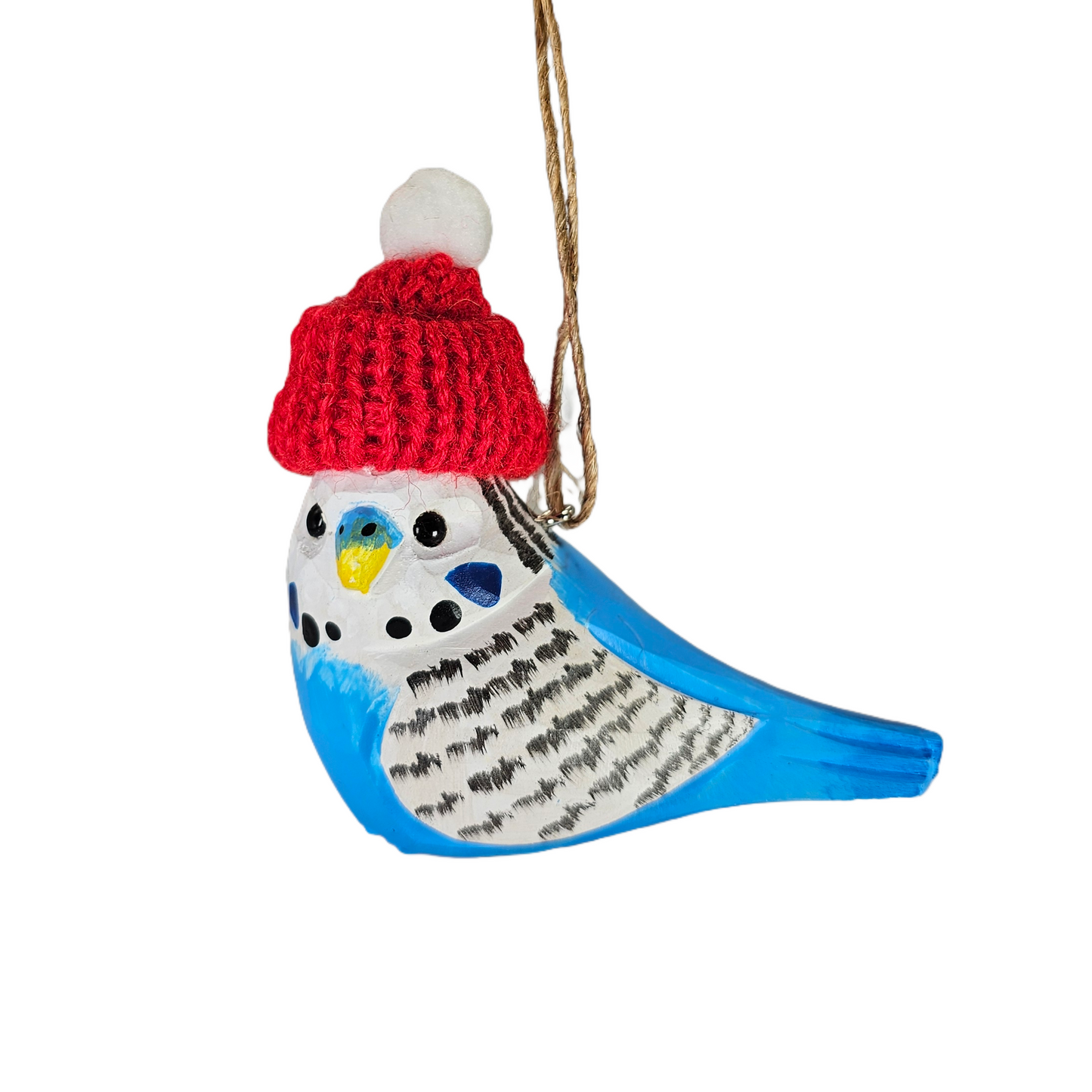 Budgerigar Christmas Ornament - Hand‑Carved Wood with Knit Hat, Gift Box Included