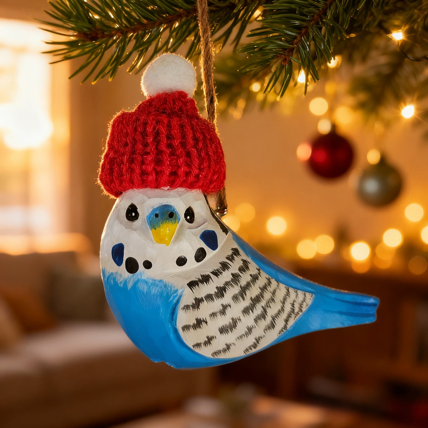 Budgerigar Christmas Ornament - Hand‑Carved Wood with Knit Hat, Gift Box Included