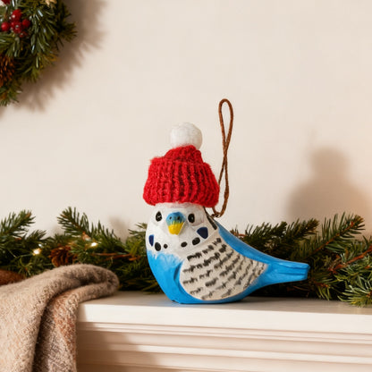 Budgerigar Christmas Ornament - Hand‑Carved Wood with Knit Hat, Gift Box Included