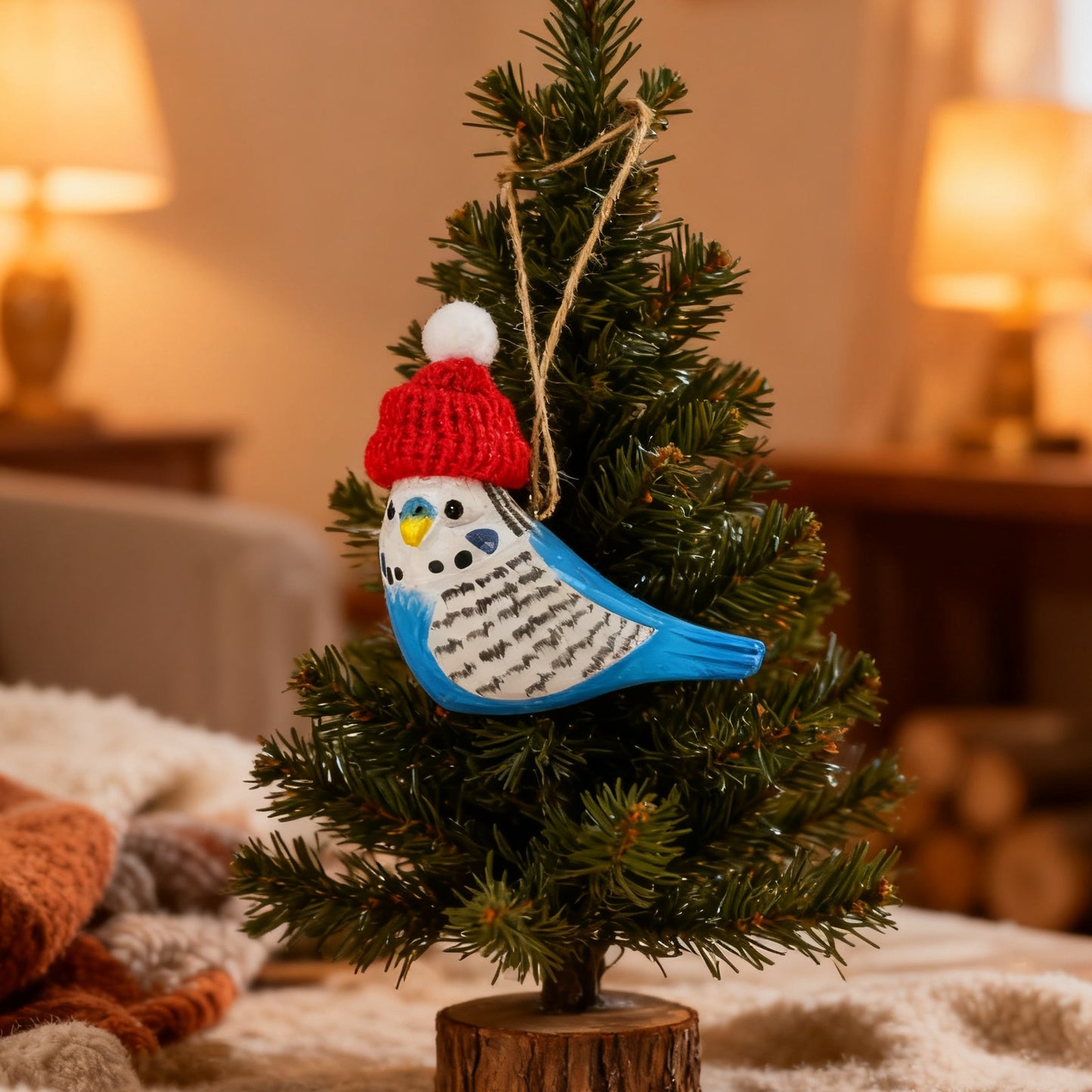Budgerigar Christmas Ornament - Hand‑Carved Wood with Knit Hat, Gift Box Included