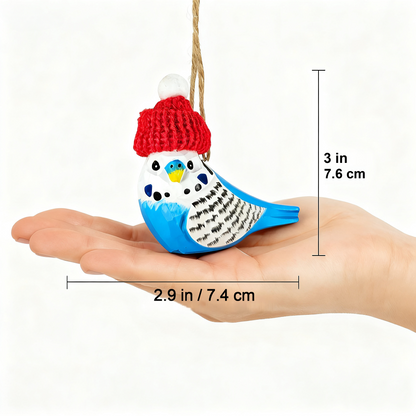 Budgerigar Christmas Ornament - Hand‑Carved Wood with Knit Hat, Gift Box Included