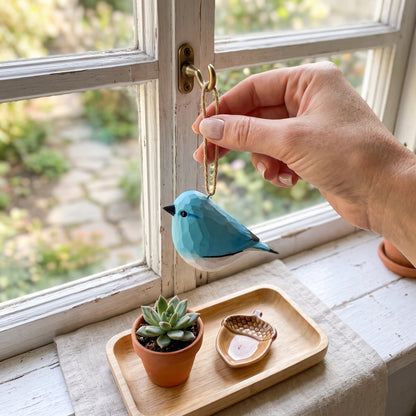 Hand hanging a hand-carved wooden bluebird ornament by a twine loop near a sunlit window