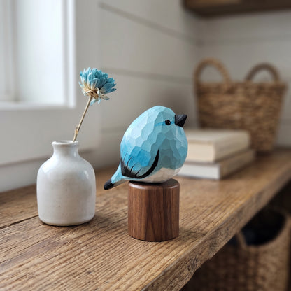 Hand Carved & Hand Painted Bluebird Figurine V2 | Basswood with Black Walnut Base