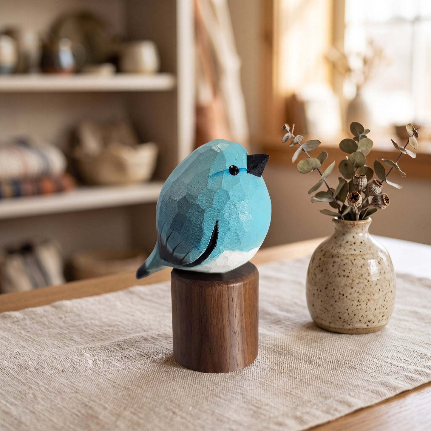 Hand Carved & Hand Painted Bluebird Figurine V2 | Basswood with Black Walnut Base