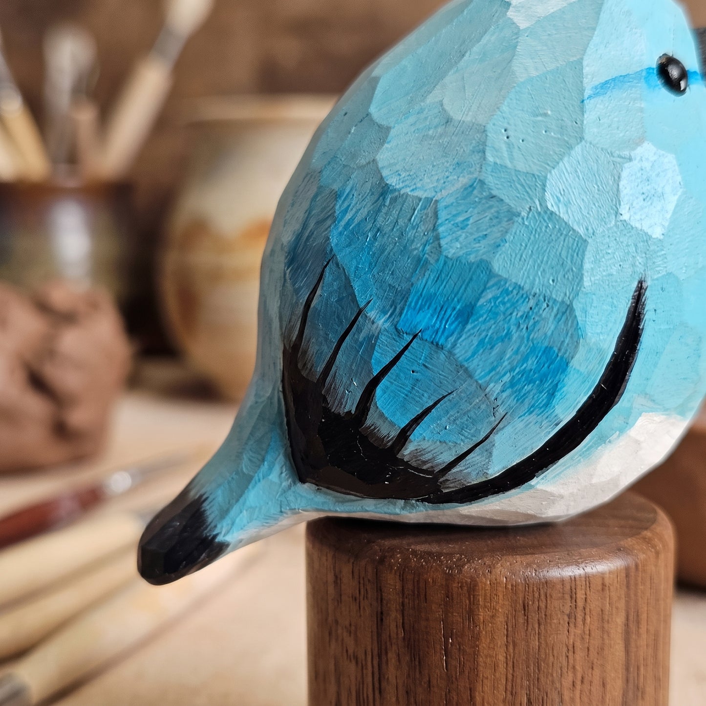 Hand Carved & Hand Painted Bluebird Figurine V2 | Basswood with Black Walnut Base