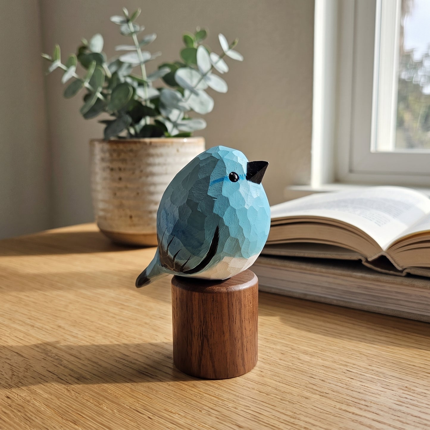 Hand Carved & Hand Painted Bluebird Figurine V2 | Basswood with Black Walnut Base