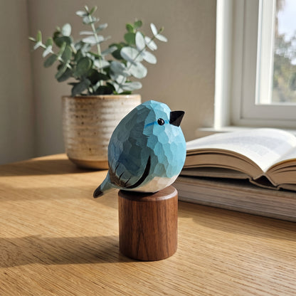 Hand Carved & Hand Painted Bluebird Figurine V2 | Basswood with Black Walnut Base