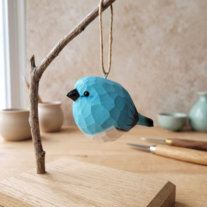 Mountain Bluebird Hanging Ornament - Hand-Carved Basswood Bird Figurine