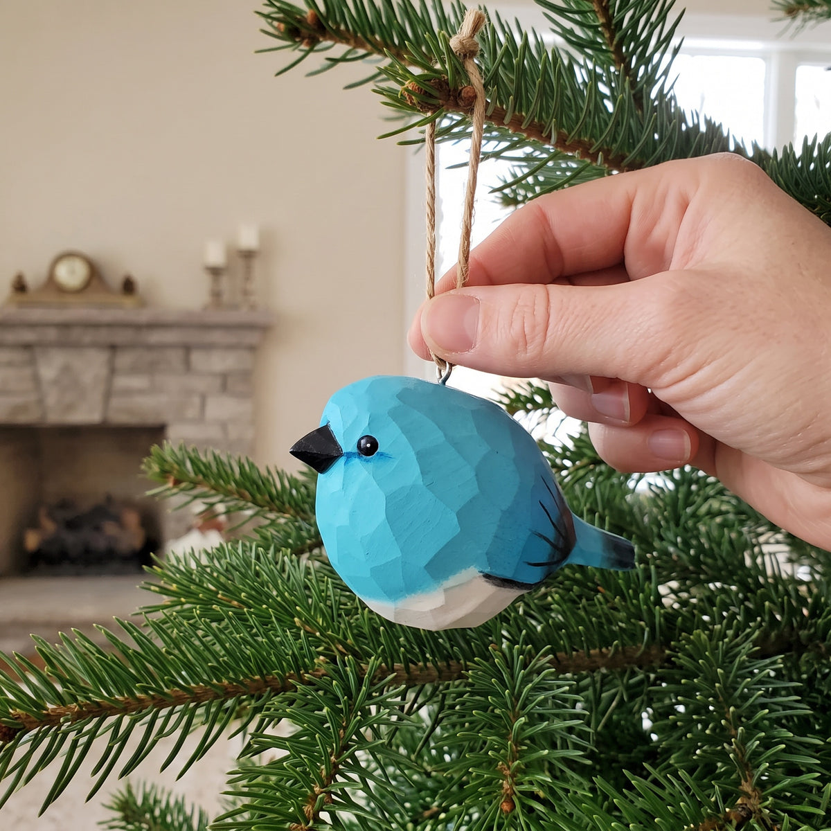 Mountain Bluebird Hanging Ornament - Hand-Carved Basswood Bird Figurine