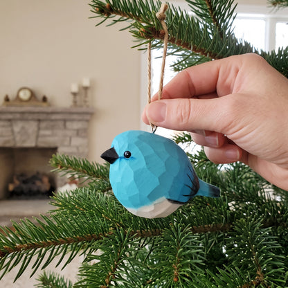 Mountain Bluebird Hanging Ornament - Hand-Carved Basswood Bird Figurine