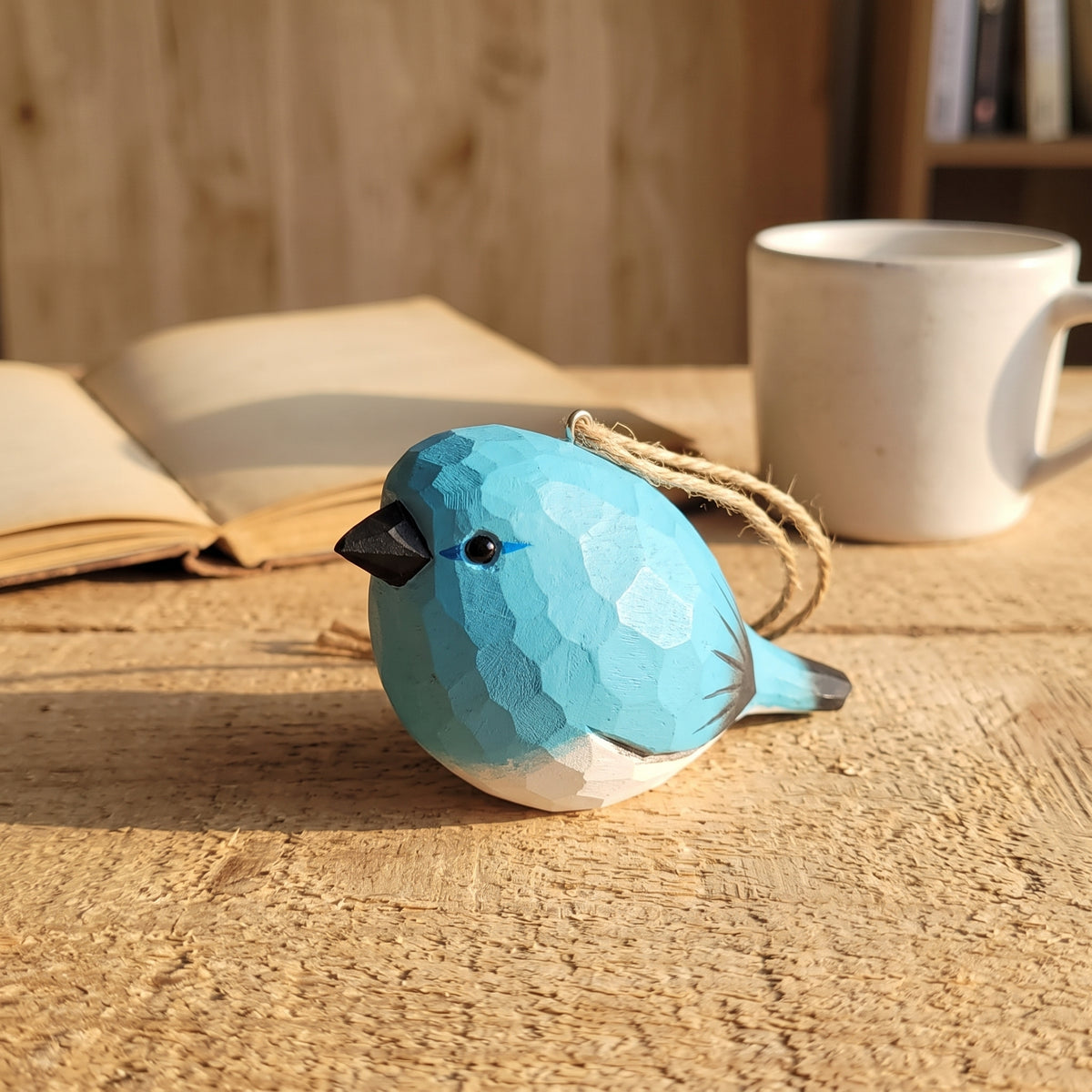 Mountain Bluebird Hanging Ornament - Hand-Carved Basswood Bird Figurine