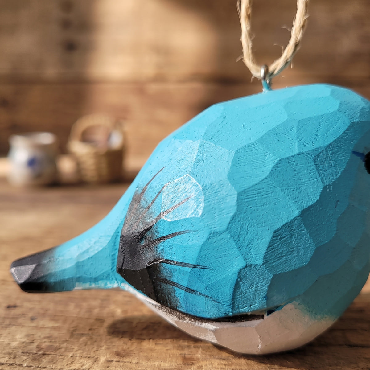 Mountain Bluebird Hanging Ornament - Hand-Carved Basswood Bird Figurine