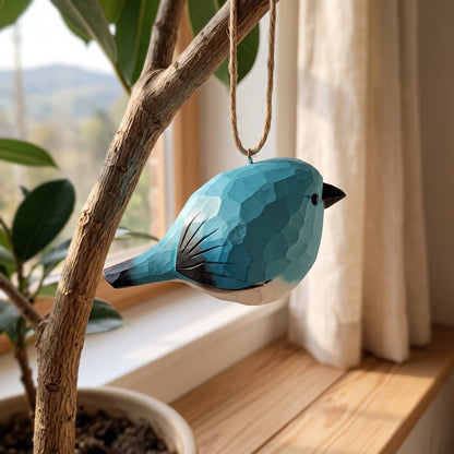 Mountain Bluebird Hanging Ornament - Hand-Carved Basswood Bird Figurine