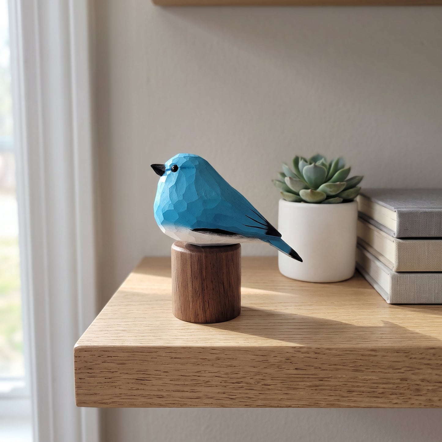 Hand Carved & Hand Painted Bluebird Figurine V1 | Basswood with Black Walnut Base