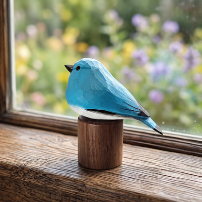 Hand Carved & Hand Painted Bluebird Figurine V1 | Basswood with Black Walnut Base