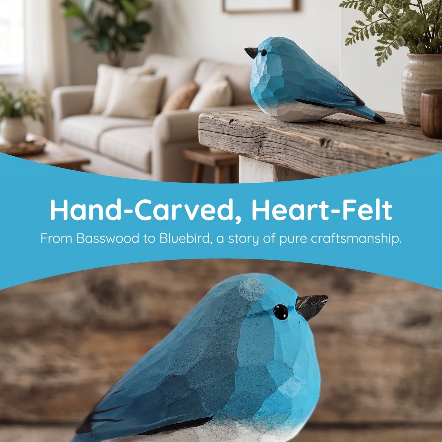 Hand Carved & Hand Painted Bluebird Figurine V1 | Basswood with Black Walnut Base