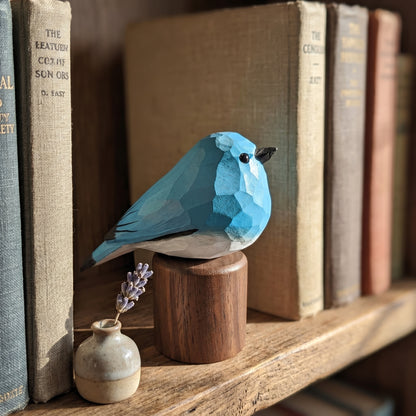 Hand Carved & Hand Painted Bluebird Figurine V1 | Basswood with Black Walnut Base