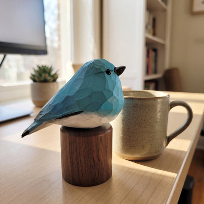 Hand Carved & Hand Painted Bluebird Figurine V1 | Basswood with Black Walnut Base