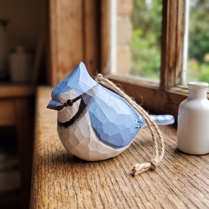 Blue Jay Hanging Ornament | Hand-Carved & Hand-Painted Basswood Bird